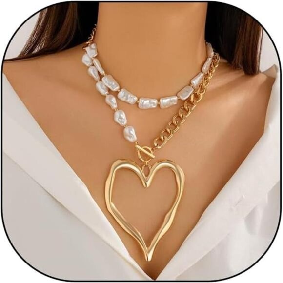 Y2K Chunky Heart Necklace | Big Pearl Choker Layered Set - Picture 2 of 6